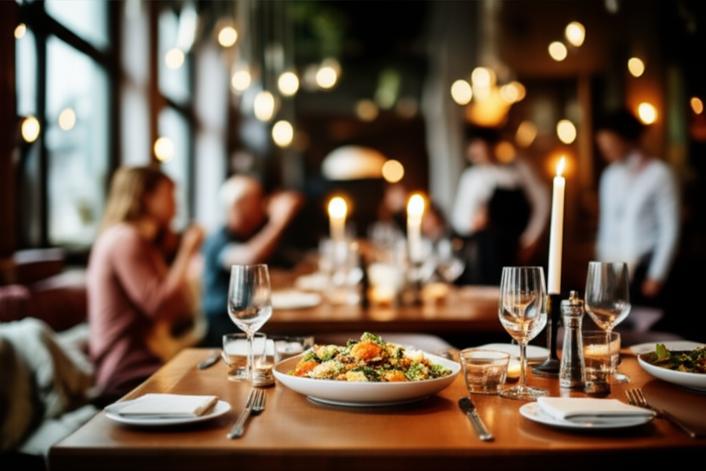 A delicious meal on a rustic wooden table in a cozy restaurant